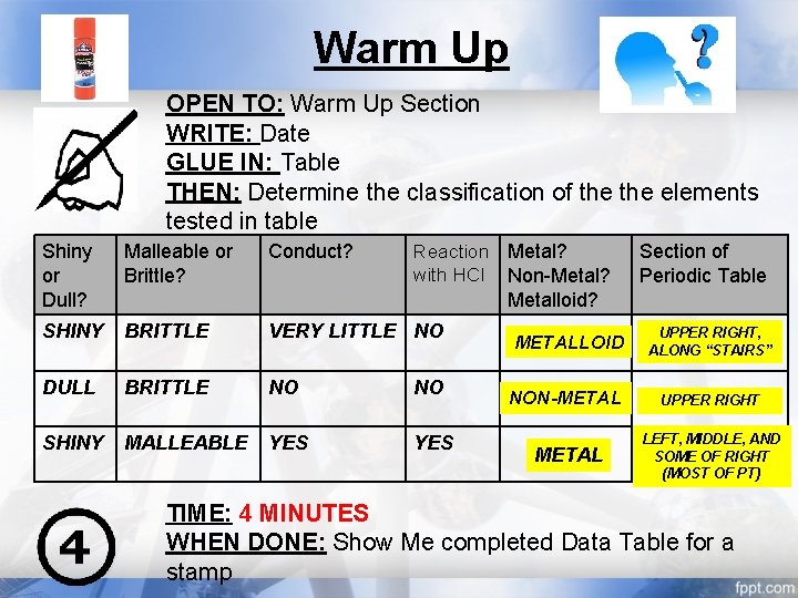 Warm Up OPEN TO: Warm Up Section WRITE: Date GLUE IN: Table THEN: Determine Warm Up OPEN TO: Warm Up Section WRITE: Date GLUE IN: Table THEN: Determine