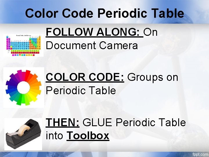 Color Code Periodic Table FOLLOW ALONG: On Document Camera COLOR CODE: Groups on Periodic Color Code Periodic Table FOLLOW ALONG: On Document Camera COLOR CODE: Groups on Periodic