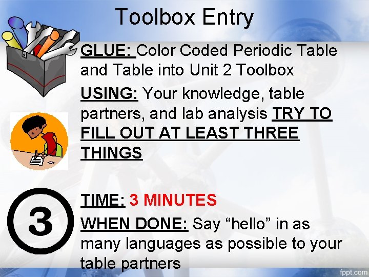 Toolbox Entry GLUE: Color Coded Periodic Table and Table into Unit 2 Toolbox USING: Toolbox Entry GLUE: Color Coded Periodic Table and Table into Unit 2 Toolbox USING: