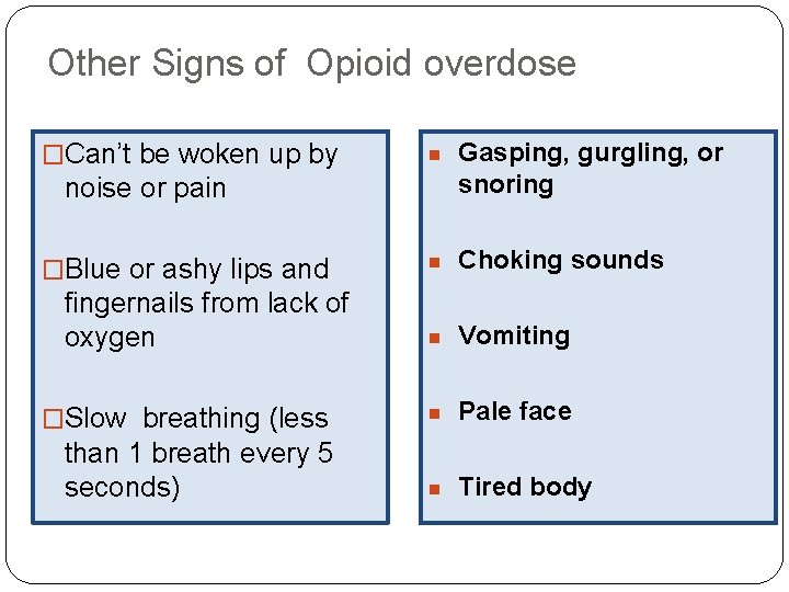 Other Signs of Opioid overdose �Can’t be woken up by n Gasping, gurgling, or