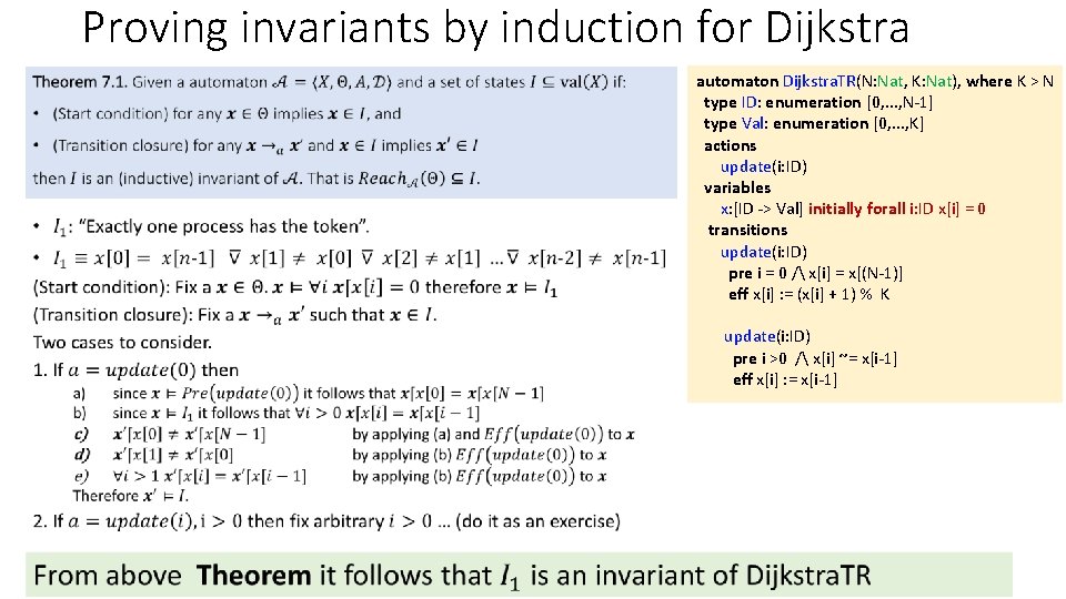 Proving invariants by induction for Dijkstra • automaton Dijkstra. TR(N: Nat, K: Nat), where