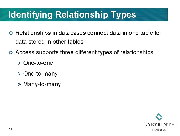Identifying Relationship Types ¢ Relationships in databases connect data in one table to data