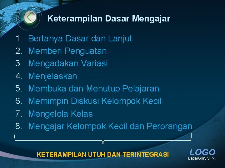 Keterampilan Dasar Mengajar 1. 2. 3. 4. 5. 6. 7. 8. Bertanya Dasar dan