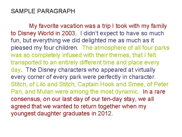 SAMPLE PARAGRAPH My favorite vacation was a trip I took with my family to