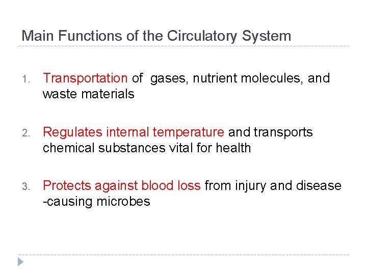 Main Functions of the Circulatory System 1. Transportation of gases, nutrient molecules, and waste