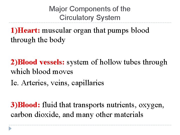 Major Components of the Circulatory System 1)Heart: muscular organ that pumps blood through the