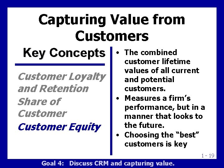 Capturing Value from Customers Key Concepts Customer Loyalty and Retention Share of Customer Equity