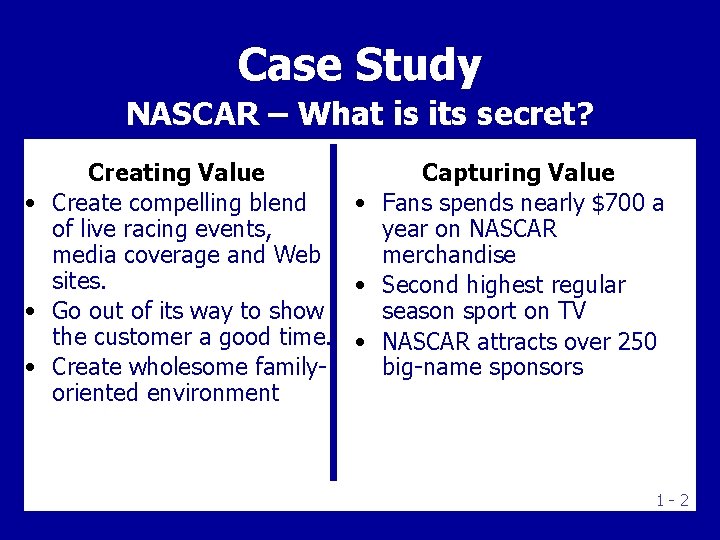 Case Study NASCAR – What is its secret? Creating Value Capturing Value • Create