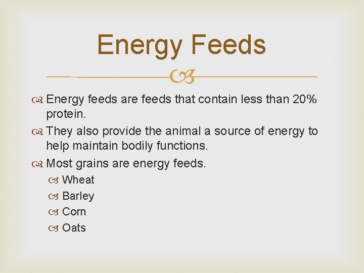 Energy Feeds Energy feeds are feeds that contain less than 20% protein. They also