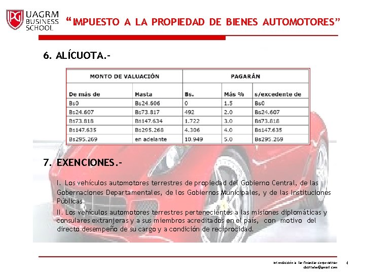 “IMPUESTO A LA PROPIEDAD DE BIENES AUTOMOTORES” 6. ALÍCUOTA. - 7. EXENCIONES. I. Los