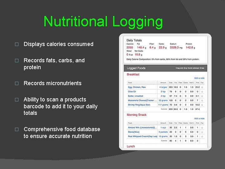 Nutritional Logging � Displays calories consumed � Records fats, carbs, and protein � Records