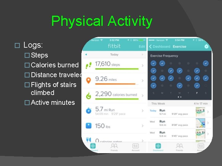 Physical Activity � Logs: � Steps � Calories burned � Distance traveled � Flights