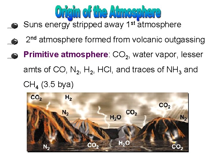  • Suns energy stripped away 1 st atmosphere • 2 nd atmosphere formed