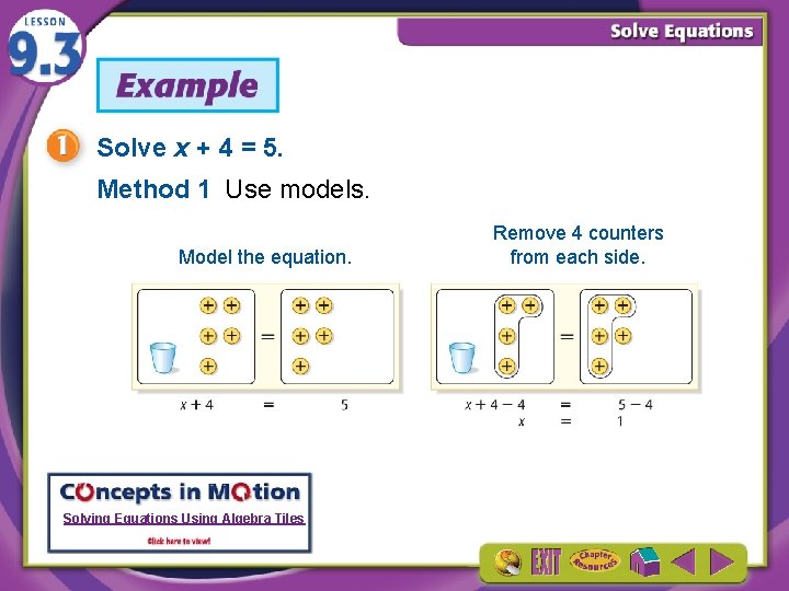 Solve x + 4 = 5. Method 1 Use models. Model the equation. Solving