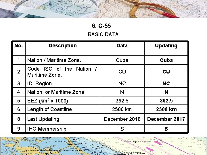 6. C-55 BASIC DATA No. Description Data Updating Cuba 1 Nation / Maritime Zone.