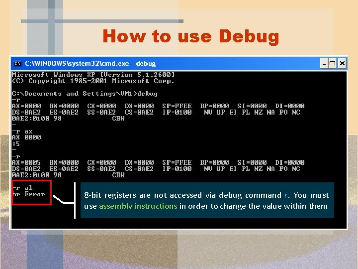 How to use Debug 8 -bit registers are not accessed via debug command r. How to use Debug 8 -bit registers are not accessed via debug command r.