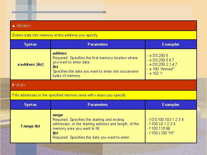 e <Enter> Enters data into memory at the address you specify. Syntax e address e <Enter> Enters data into memory at the address you specify. Syntax e address