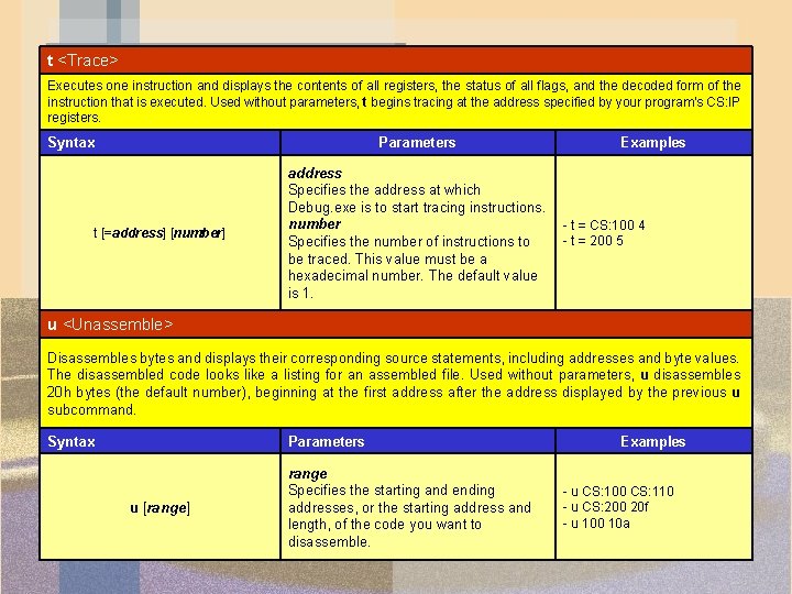 t <Trace> Executes one instruction and displays the contents of all registers, the status t <Trace> Executes one instruction and displays the contents of all registers, the status