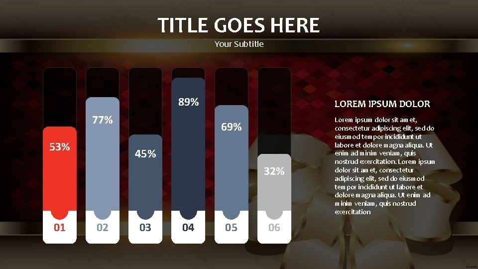 TITLE GOES HERE Your Subtitle 89% 77% 53% LOREM IPSUM DOLOR 69% 45% 32%