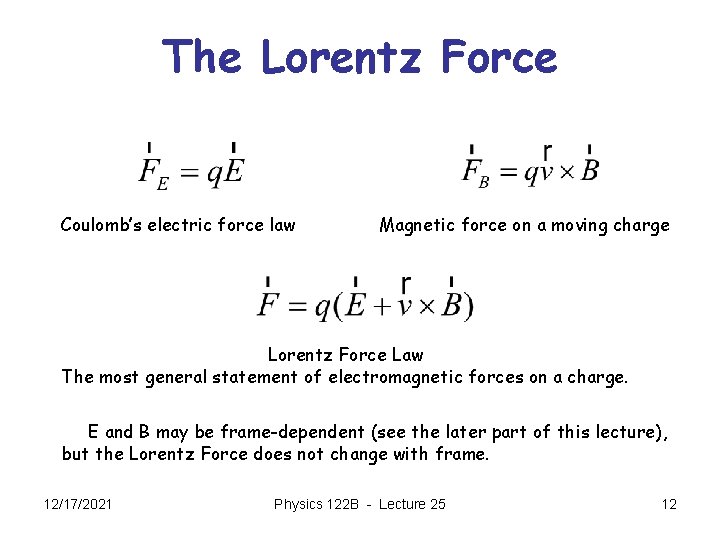 The Lorentz Force Coulomb’s electric force law Magnetic force on a moving charge Lorentz