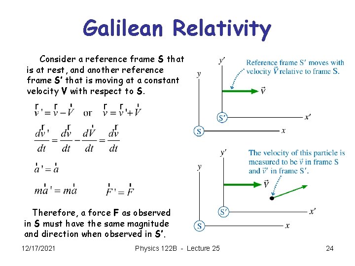 Galilean Relativity Consider a reference frame S that is at rest, and another reference