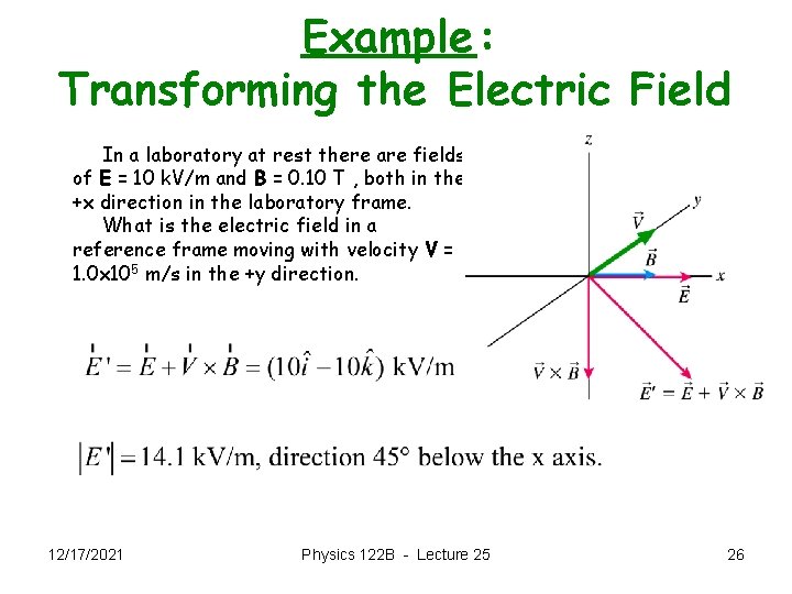 Example: Transforming the Electric Field In a laboratory at rest there are fields of