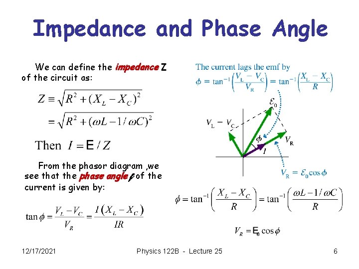 Impedance and Phase Angle We can define the impedance Z of the circuit as: