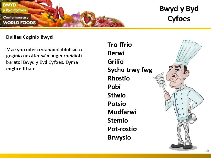 Bwyd y Byd Cyfoes Dulliau Coginio Bwyd Mae yna nifer o wahanol ddulliau o