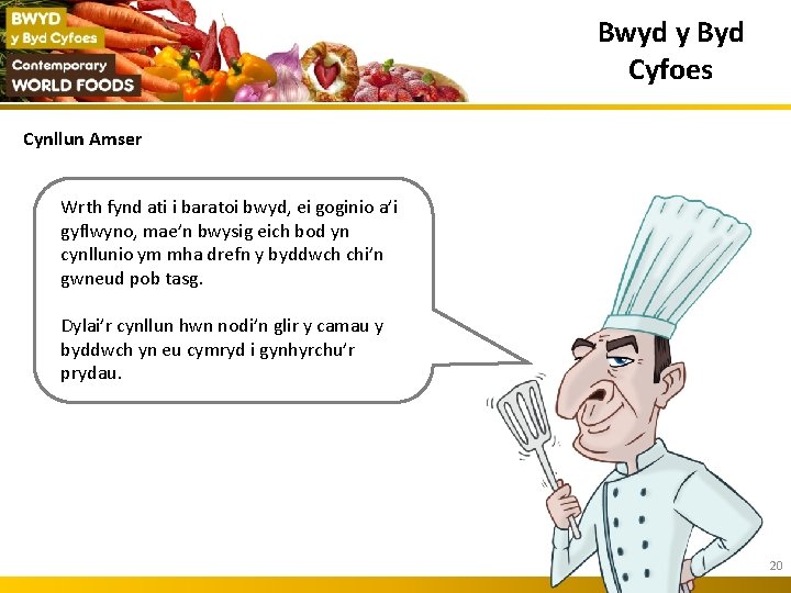 Bwyd y Byd Cyfoes Cynllun Amser Wrth fynd ati i baratoi bwyd, ei goginio