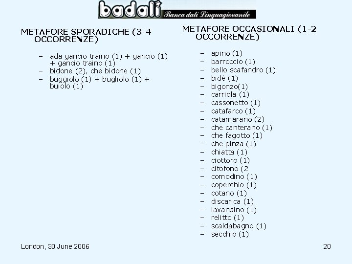 METAFORE SPORADICHE (3 -4 OCCORRENZE) – ada gancio traino (1) + gancio traino (1)