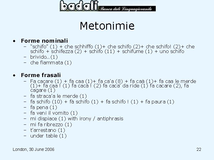 Metonimie • Forme nominali – “schifo” (1) + che schhiffo (1)+ che schifo (2)+