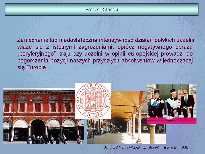 Proces Boloński Zaniechanie lub niedostateczna intensywność działań polskich uczelni wiąże się z istotnymi zagrożeniami;