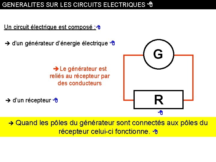 GENERALITES SUR LES CIRCUITS ELECTRIQUES Un circuit électrique est composé : d’un générateur d’énergie