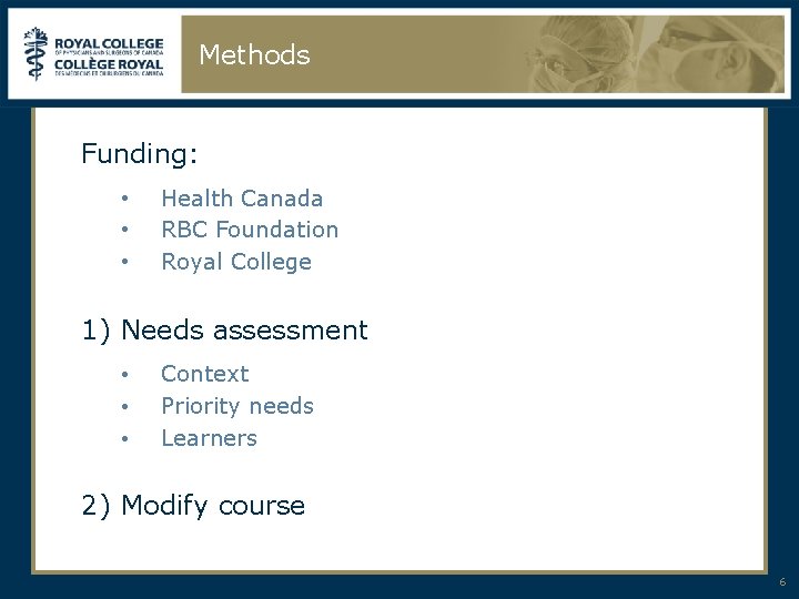 Methods Funding: • • • Health Canada RBC Foundation Royal College 1) Needs assessment