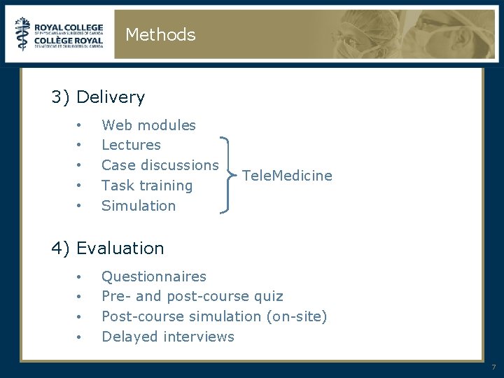 Methods 3) Delivery • • • Web modules Lectures Case discussions Task training Simulation