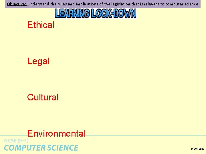 Objective: Understand the rules and implications of the legislation that is relevant to computer