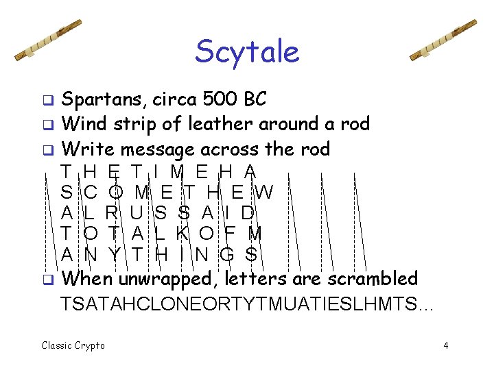 Scytale Spartans, circa 500 BC q Wind strip of leather around a rod q