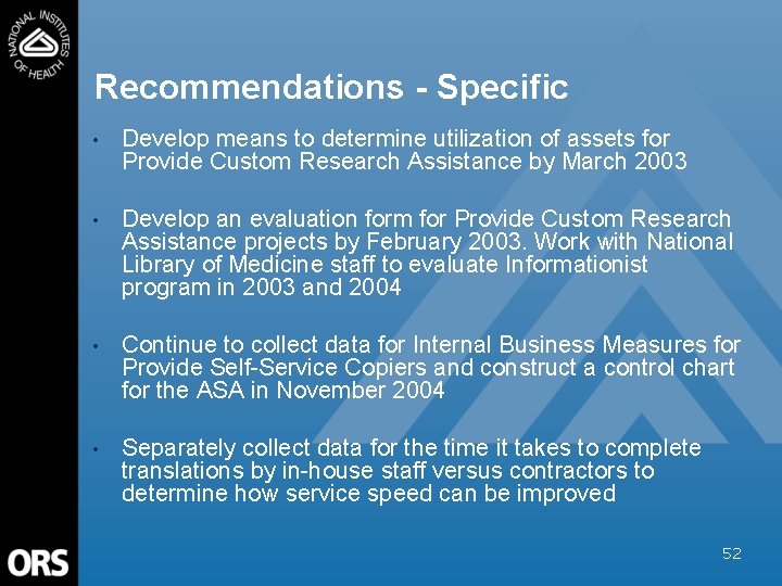 Recommendations - Specific • Develop means to determine utilization of assets for Provide Custom