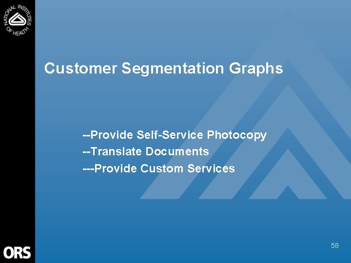 Customer Segmentation Graphs --Provide Self-Service Photocopy --Translate Documents ---Provide Custom Services 58 