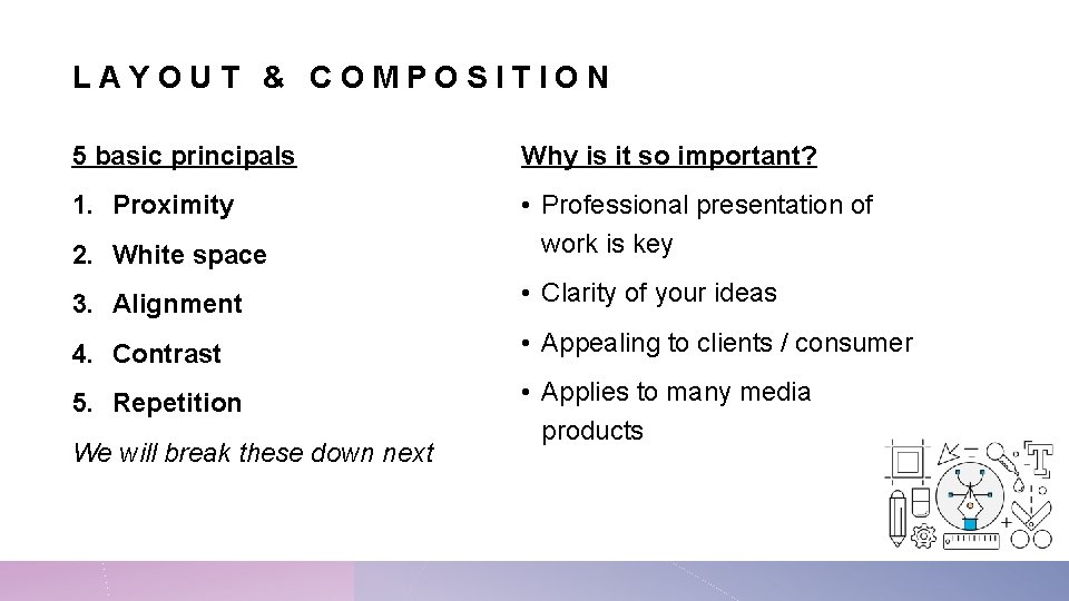 LAYOUT & COMPOSITION 5 basic principals Why is it so important? 1. Proximity 2.