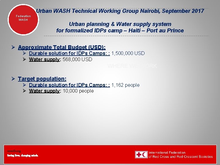 Urban WASH Technical Working Group Nairobi, September 2017 Federation WASH Urban planning & Water