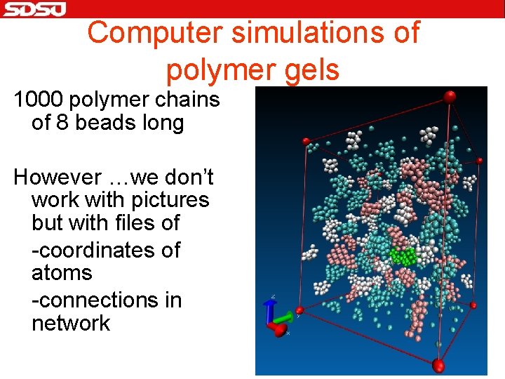 Computer simulations of polymer gels 1000 polymer chains of 8 beads long However …we