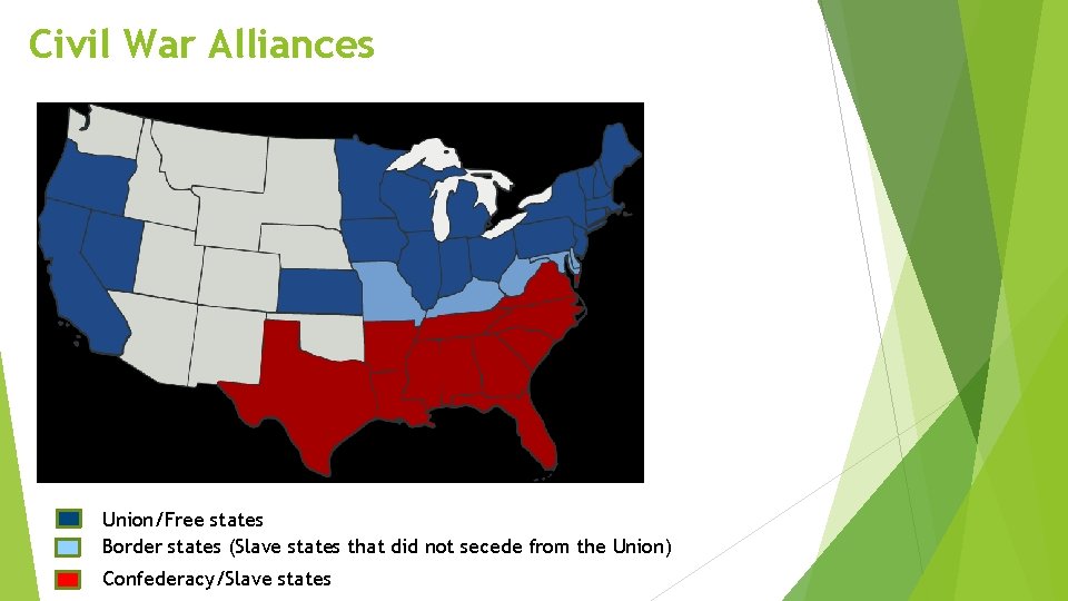 Civil War Alliances Union/Free states Border states (Slave states that did not secede from