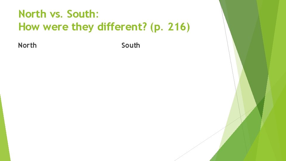 North vs. South: How were they different? (p. 216) North South 