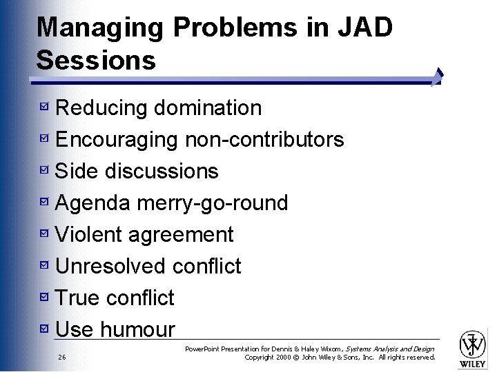 Managing Problems in JAD Sessions Reducing domination Encouraging non-contributors Side discussions Agenda merry-go-round Violent