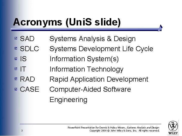 Acronyms (Uni. S slide) SAD SDLC IS IT RAD CASE 3 Systems Analysis &