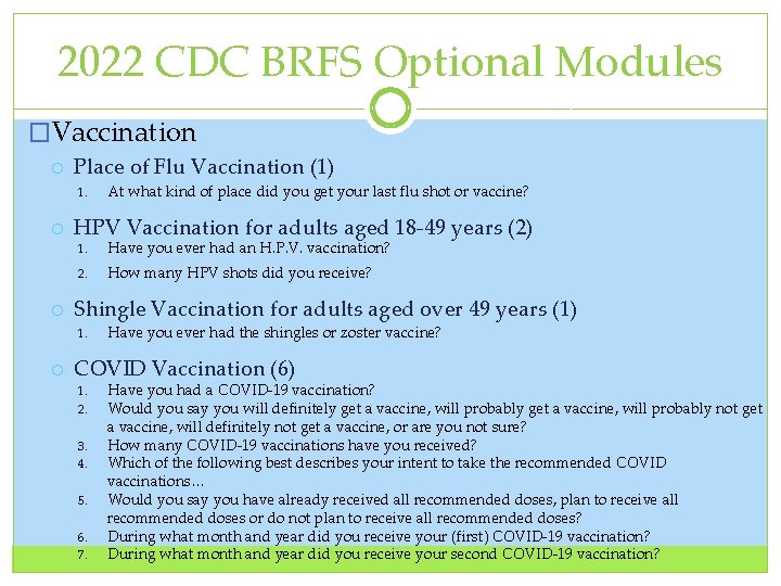 2022 CDC BRFS Optional Modules �Vaccination Place of Flu Vaccination (1) 1. HPV Vaccination