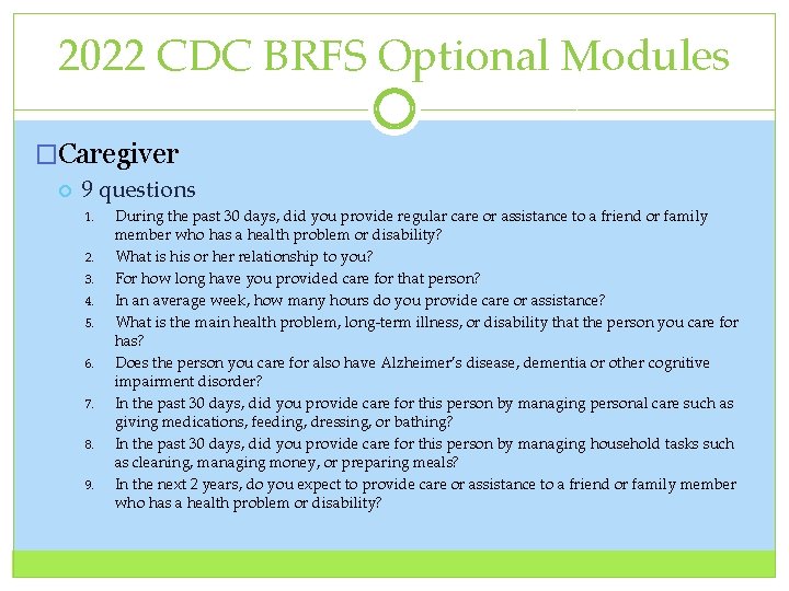 2022 CDC BRFS Optional Modules �Caregiver 9 questions 1. 2. 3. 4. 5. 6.