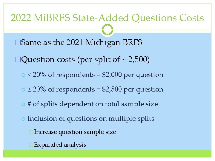 2022 Mi. BRFS State‐Added Questions Costs �Same as the 2021 Michigan BRFS �Question costs