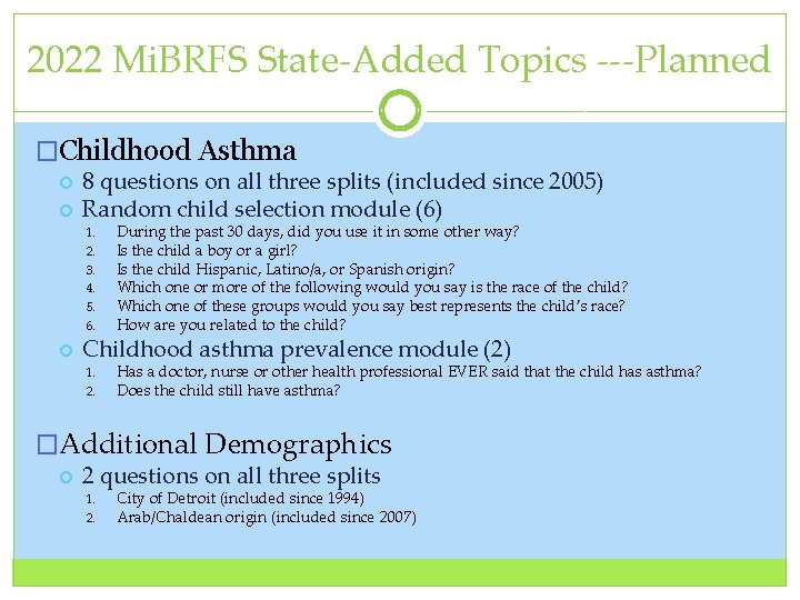 2022 Mi. BRFS State‐Added Topics ‐‐‐Planned �Childhood Asthma 8 questions on all three splits